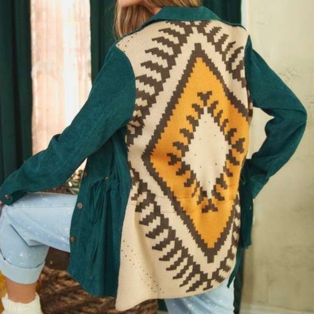 Davi & Dani Kendra Corduroy Shacket Jacquard Sweater Knit Back. Size Small. NWOT
